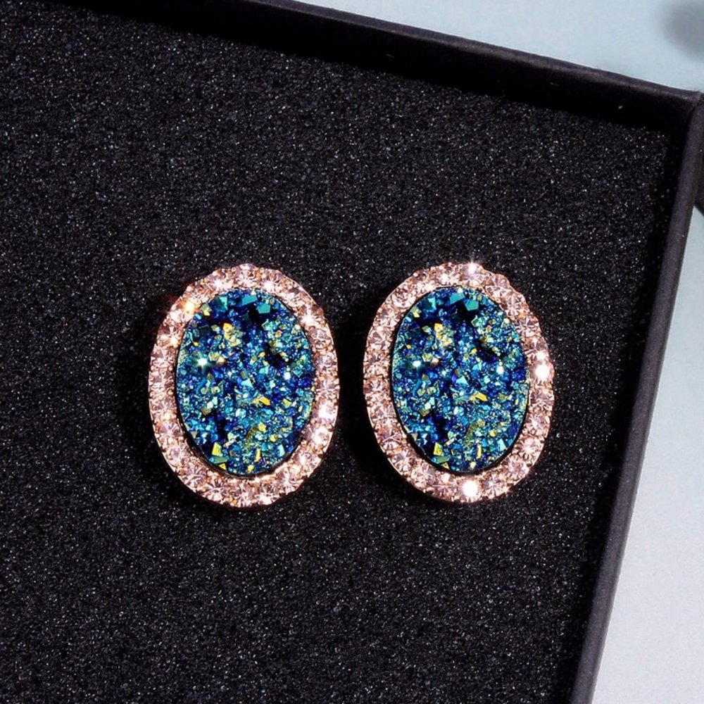 Round Stud Blue Multi Colored Stone with Halo - Picture 4 of 6